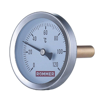 Термометр Rommer биметаллический с погружной гильзой (50 мм), 100 мм, 0...120, 1/2 Термометр Rommer биметаллический с погружной гильзой (50 мм), 100 мм, 0...120, 1/2