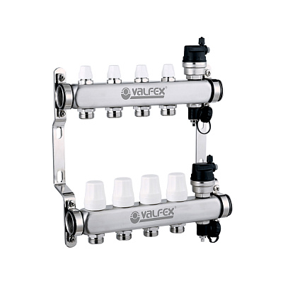 Коллекторная группа Valfex из нержавеющей стали с регулирующими и балансировочными клапанами и дренажными кранами, 1 дюйм, 7 выходов евроконус 3/4 дюйма