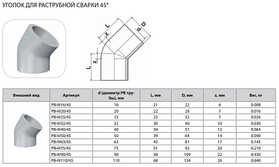 Уголок Thermaflex 45гр. для раструбной сварки PB-W16/45