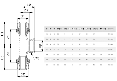 Тройник Viega SmartPress переходной 50 x Rp 1 x 50, модель 6717