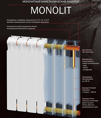 Биметаллический секционный радиатор отопления Rifar Monolit 350 / 1 секция