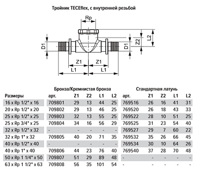 Тройник TECE TECEflex 90 гр, с внутренней резьбой, 25 х 3 4 х 25, латунь, внутренняя резьба